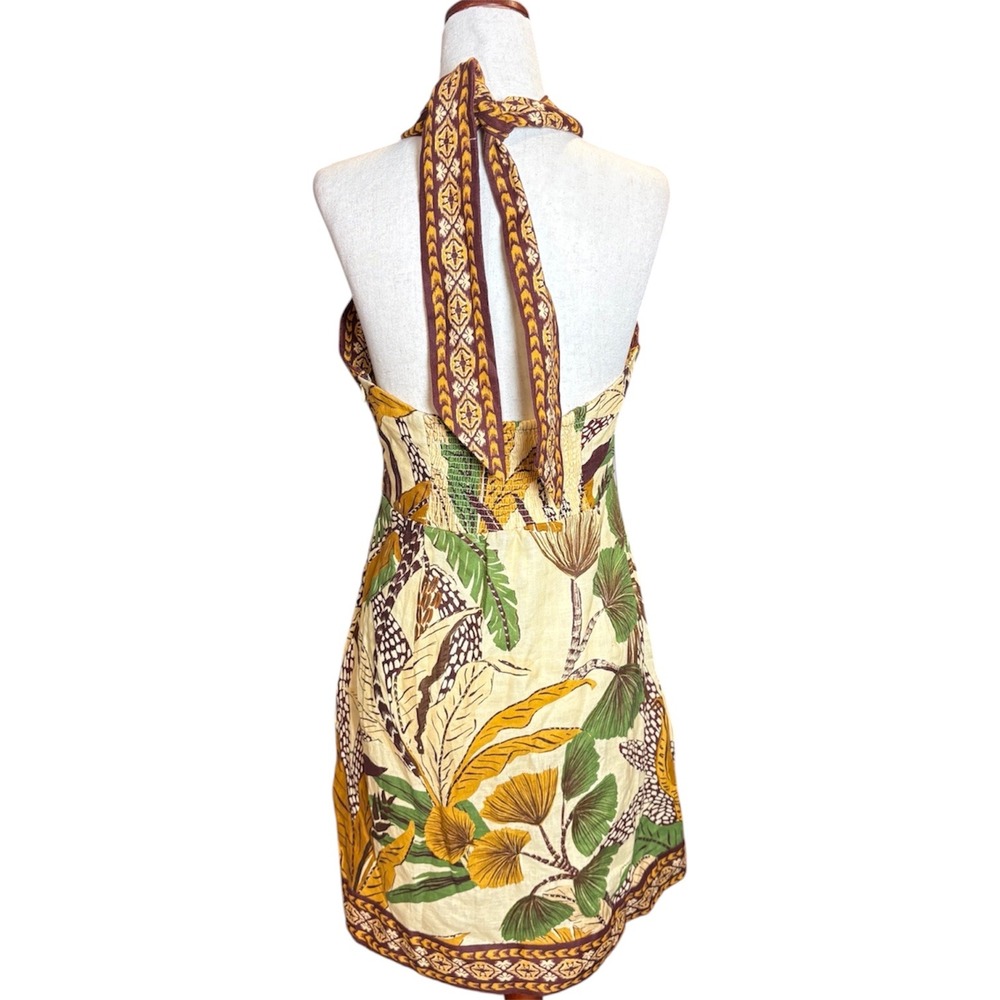 Farm Rio Foliage Sketch Sand Halter Neck Mini Dress Linen Tropical Medium New - Picture 3 of 10